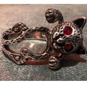 925 Cat w/ Red Eyes Ring One Size Fits All Adjustable Sterling Silver Cat Ring